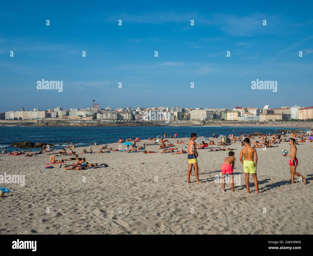 A Coruña, Spanien - 23 August 2019 Panoramablick auf die A Coruna Strand, Orzan Strand Stockfoto