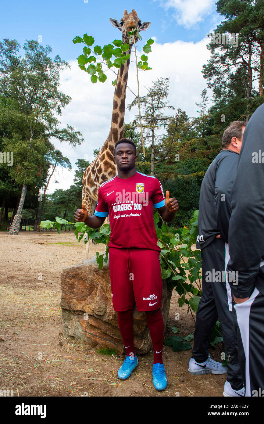 Arnheim 18-09-2019, Fußball, niederländischen Eredivisie, Saison 2019-2020, Vitesse player Hilary Gong während das fotoshooting von Vitesse in Airborne Outfit in Burgers' Zoo in Arnheim Stockfoto