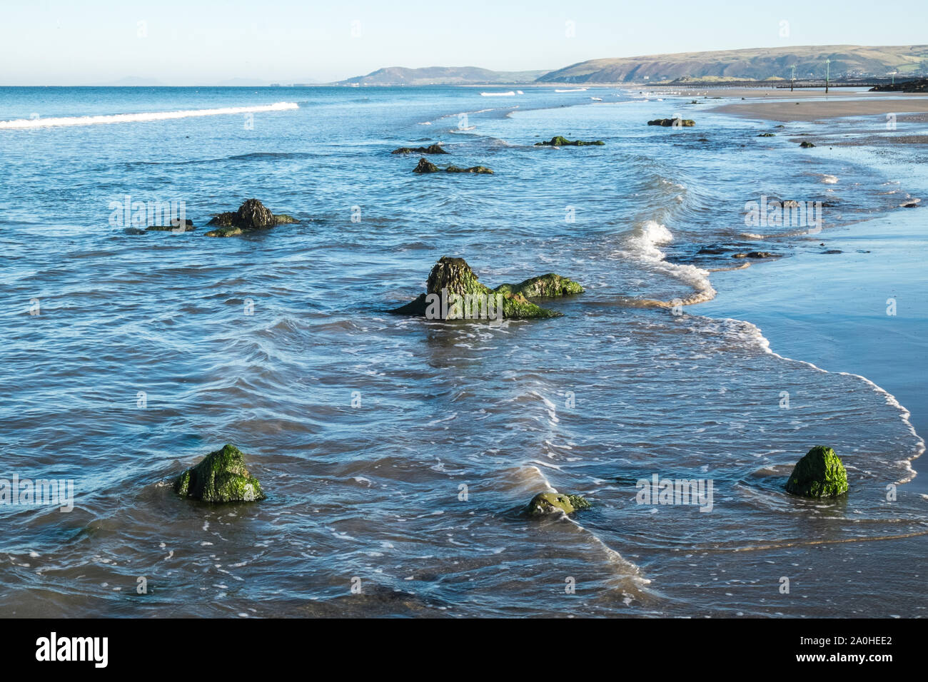 UK Wetter: Ebbe enthüllt Versunkenen Wald bei Sonnenaufgang am Borth/Ynyslas Strand, Ceredigion, Wales, UK.Combination von Ebbe in 7:23 Uhr und Sonnenaufgang an ähnlichen Zeit geschieht, macht diese Landschaft ein seltener Anblick. Diese prähistorischen Waldes, die unter Sand und Wasser 4.500 Jahren begraben wurde in lokalen Torf erhalten haben. Die versteinerten Bäume sind bei sehr niedrigen Tide am Strand zwischen Borth und Ynyslas, Ceredigion County, West Wales, Großbritannien ausgesetzt. Stockfoto