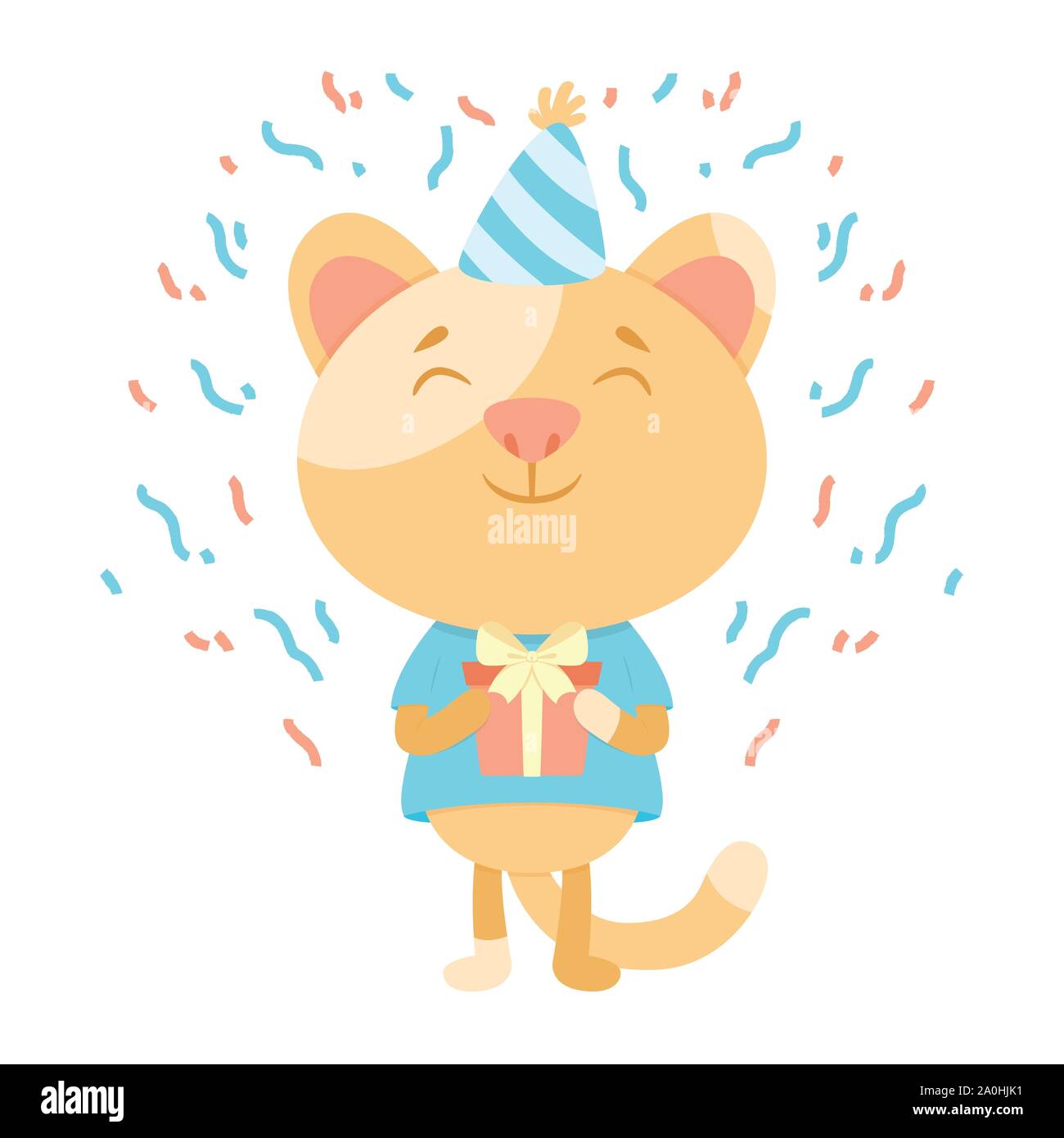 Geburtstag Grußkarte mit einer Katze. Cute Kitty Cat Vector Illustration. Herzlichen Glückwunsch zum Geburtstag. Eine Katze, die in einem festlichen Kappe mit präsentieren. Postkarte - Rückseite Stock Vektor