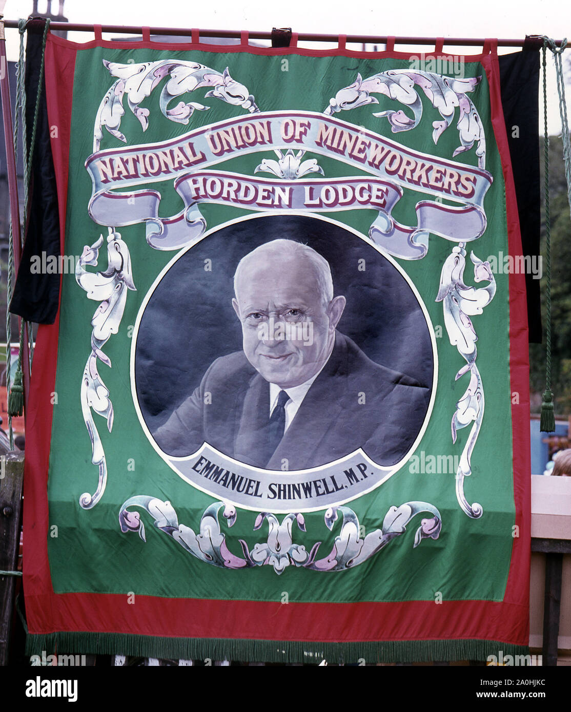 Horden Lodge Banner, Emmanuel Shinwell, Durham Bergarbeiter Gala, 1976 Stockfoto