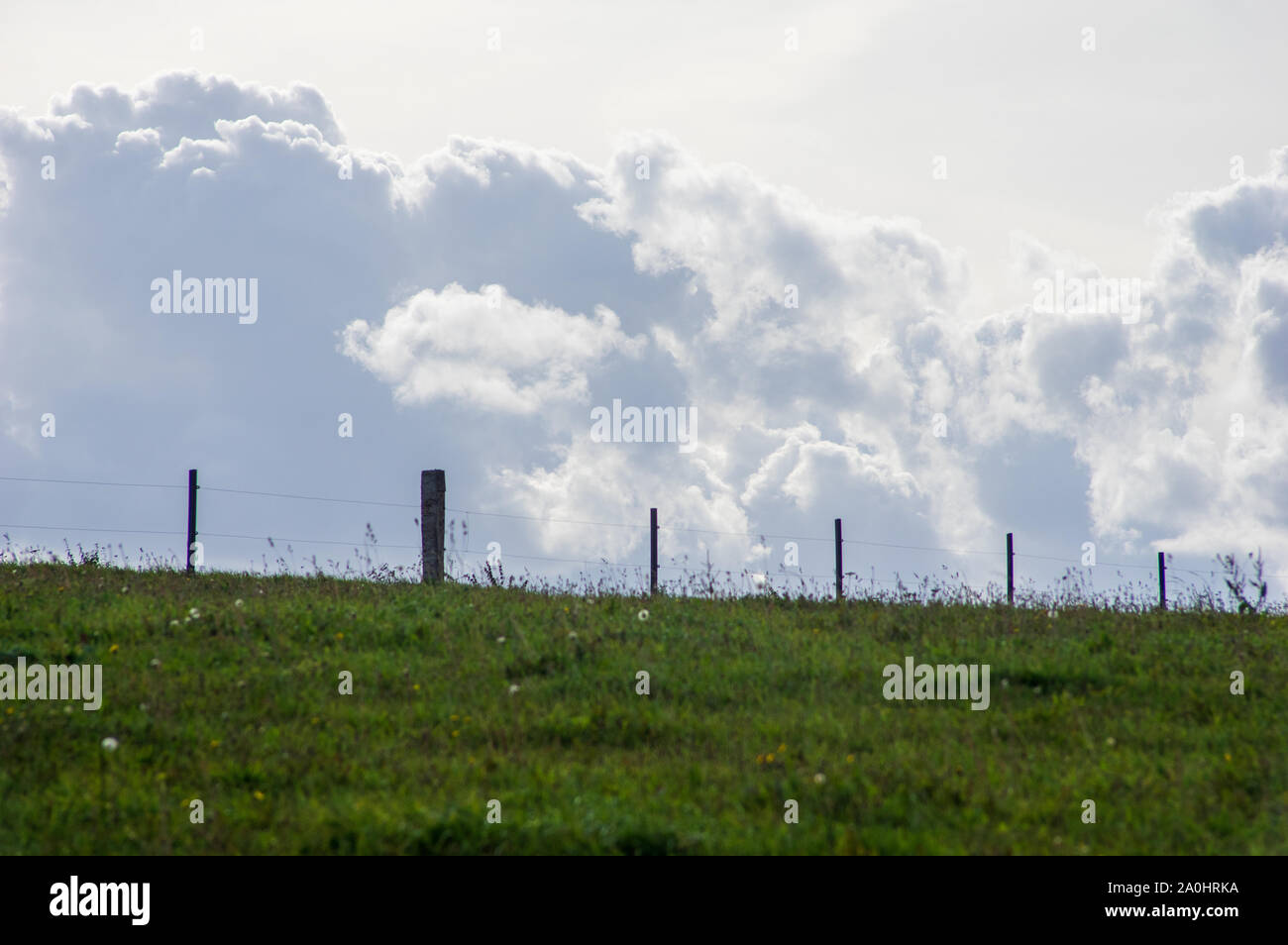 Ackerland Zaun auf einer Wiese mit bewölktem Himmel Stockfoto