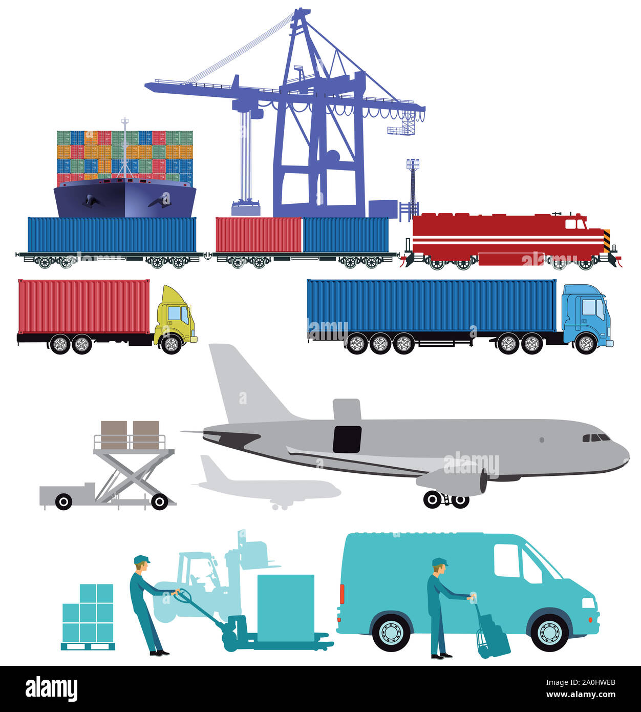 Handelshafen mit Güterzug, LKW und Container schiff Hafen mit Güterzug, LKW und Container Stockfoto