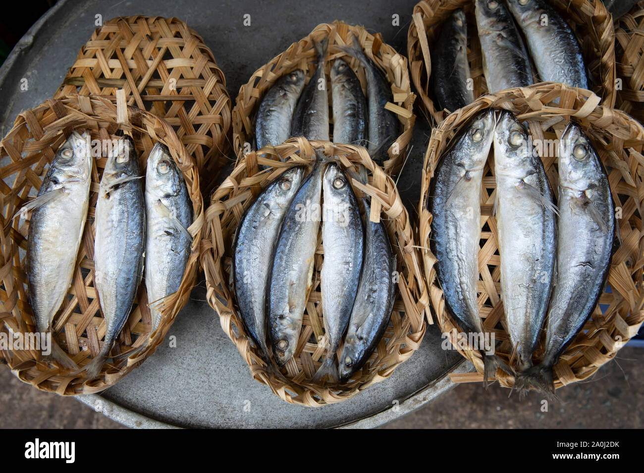 Kleine Fische in Körben in Ho Chi Minh City Fish Markt verkauft Stockfoto