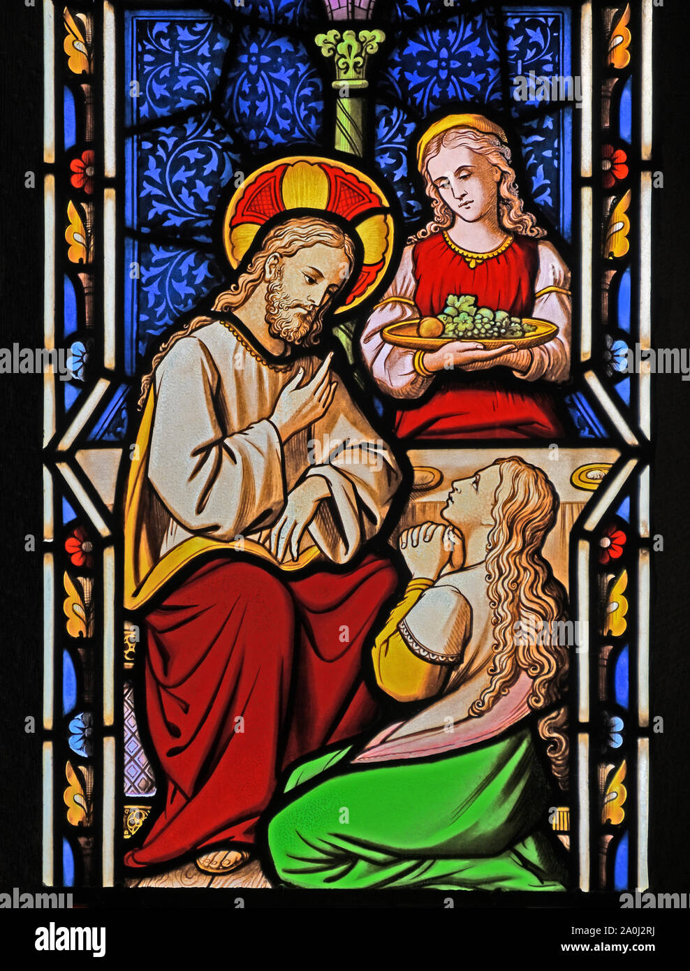 Jesus in das Haus des Simon der Pharisäer. Von Norden Fenster Detail,  Kirche von Saint James, Staveley, Nationalpark Lake District, Cumbria,  England Stockfotografie - Alamy