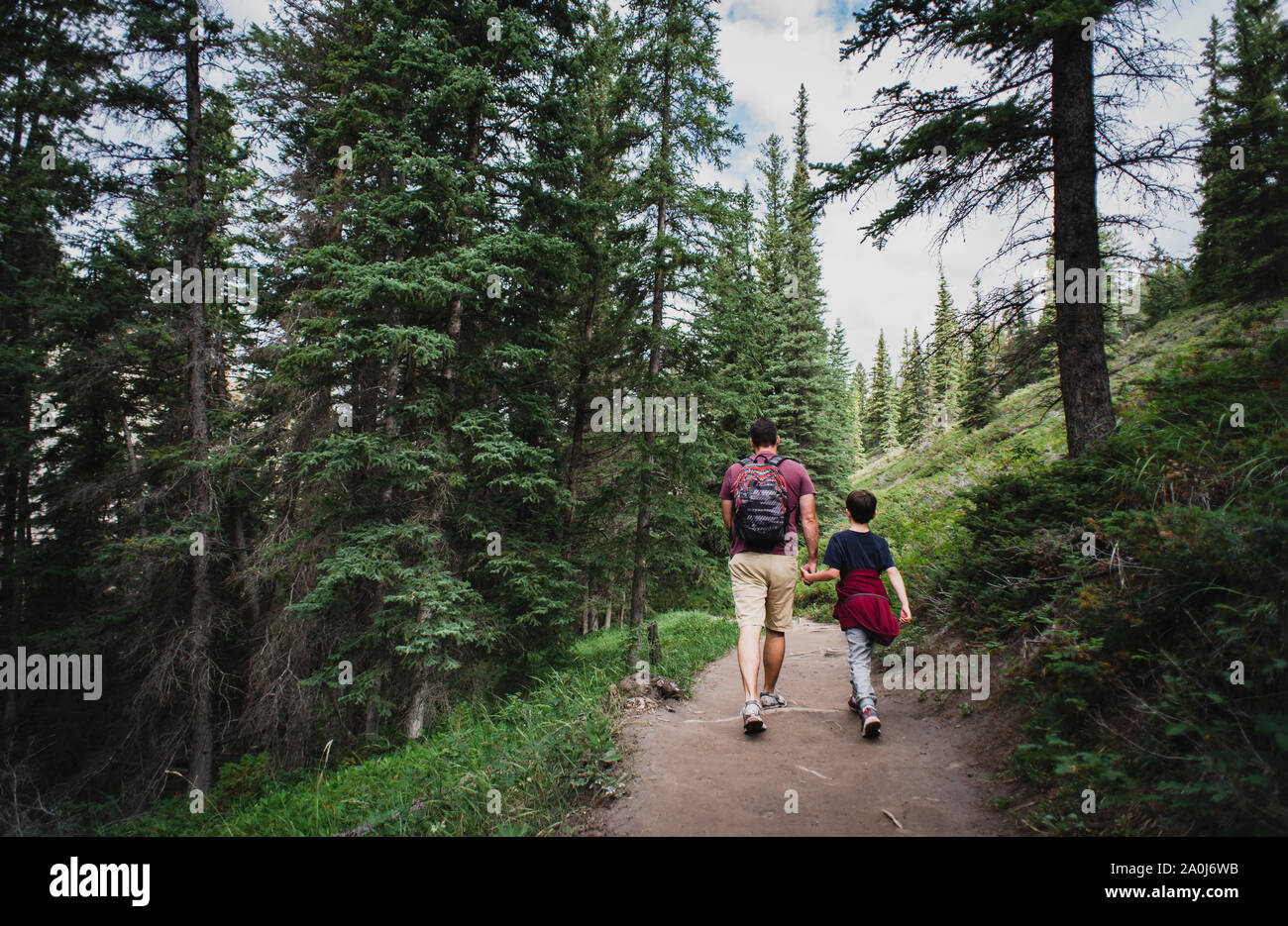 Vater und Sohn halten sich an den Händen, als sie auf einem Pfad in den Wald wandern. Stockfoto