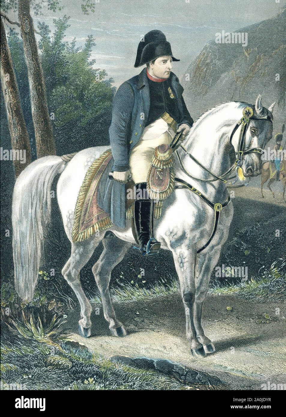 Napoleon auf einem Pferd. Gravur des 19. Jahrhunderts. Stockfoto