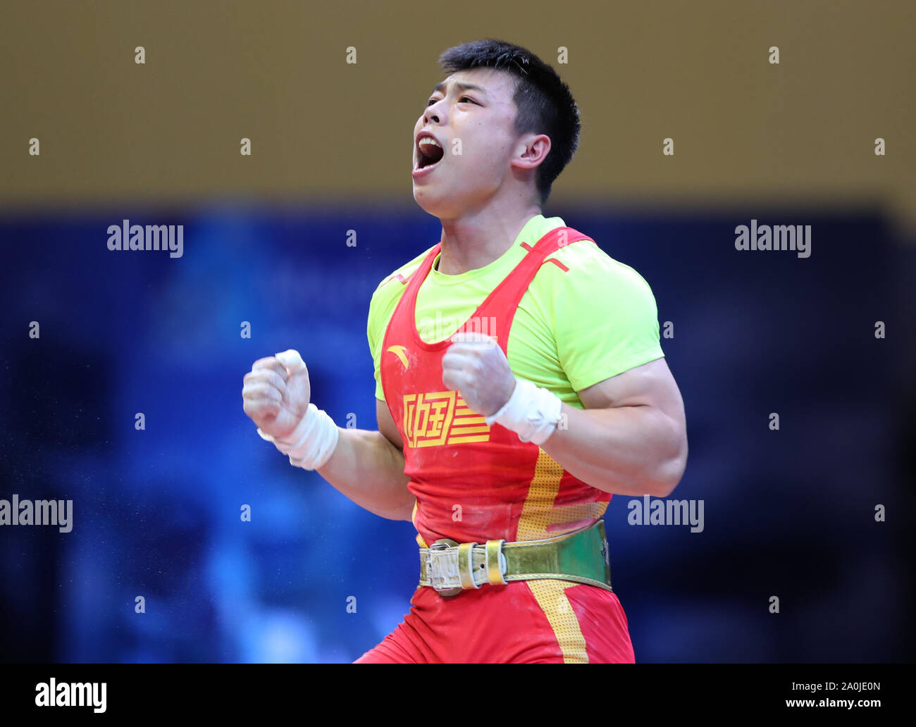 Pattaya, Thailand. 20 Sep, 2019. Chen Lijun von China feiert während der Männer gewichtheben 67 kg bei den Weltmeisterschaften im Gewichtheben 2019 Pattaya, Thailand, Sept. 20, 2019 statt. Quelle: Xinhua/Alamy leben Nachrichten Stockfoto