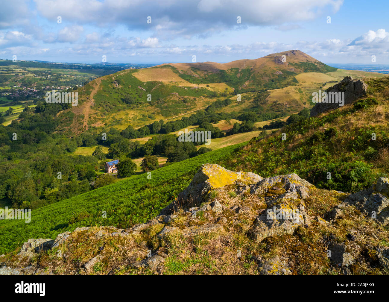 Caer Caradoc, von Hope Bowdler Hügel gesehen, in der Nähe von Church Stretton, Shropshire. Stockfoto