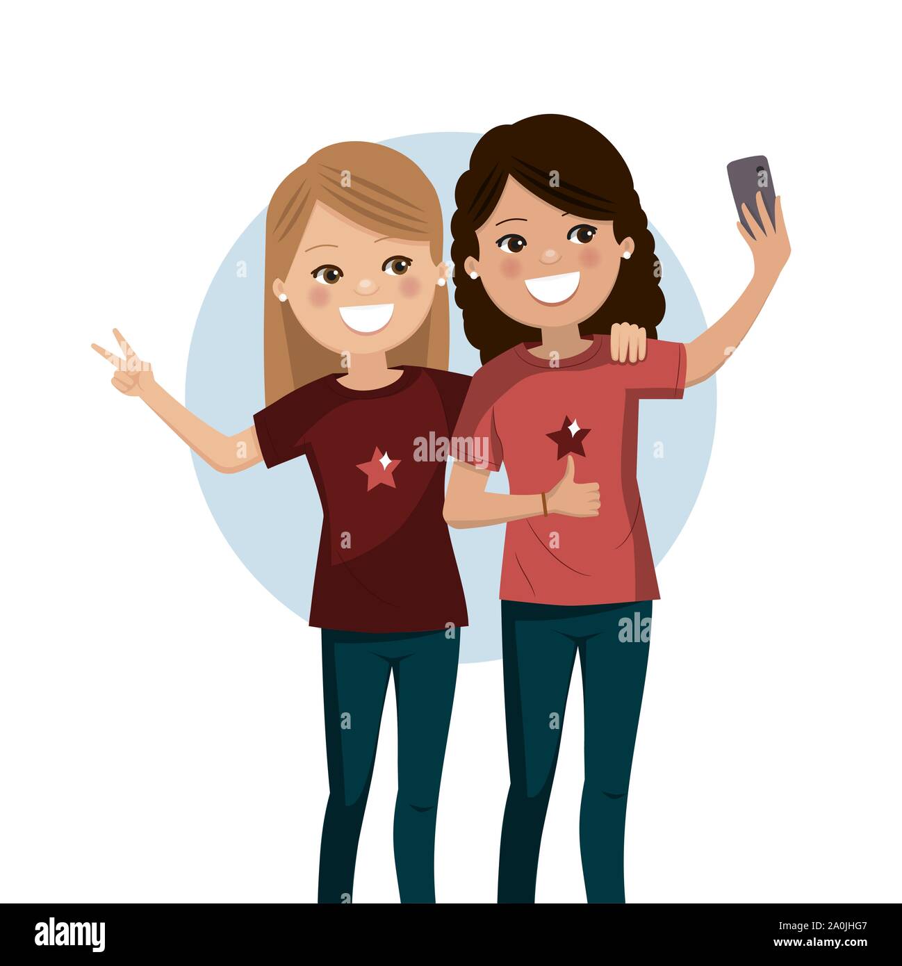 Gerne Freunde ein selfie. Hübsche Mädchen sind zusammen fotografiert. Isolierte flache Vector Illustration Stock Vektor