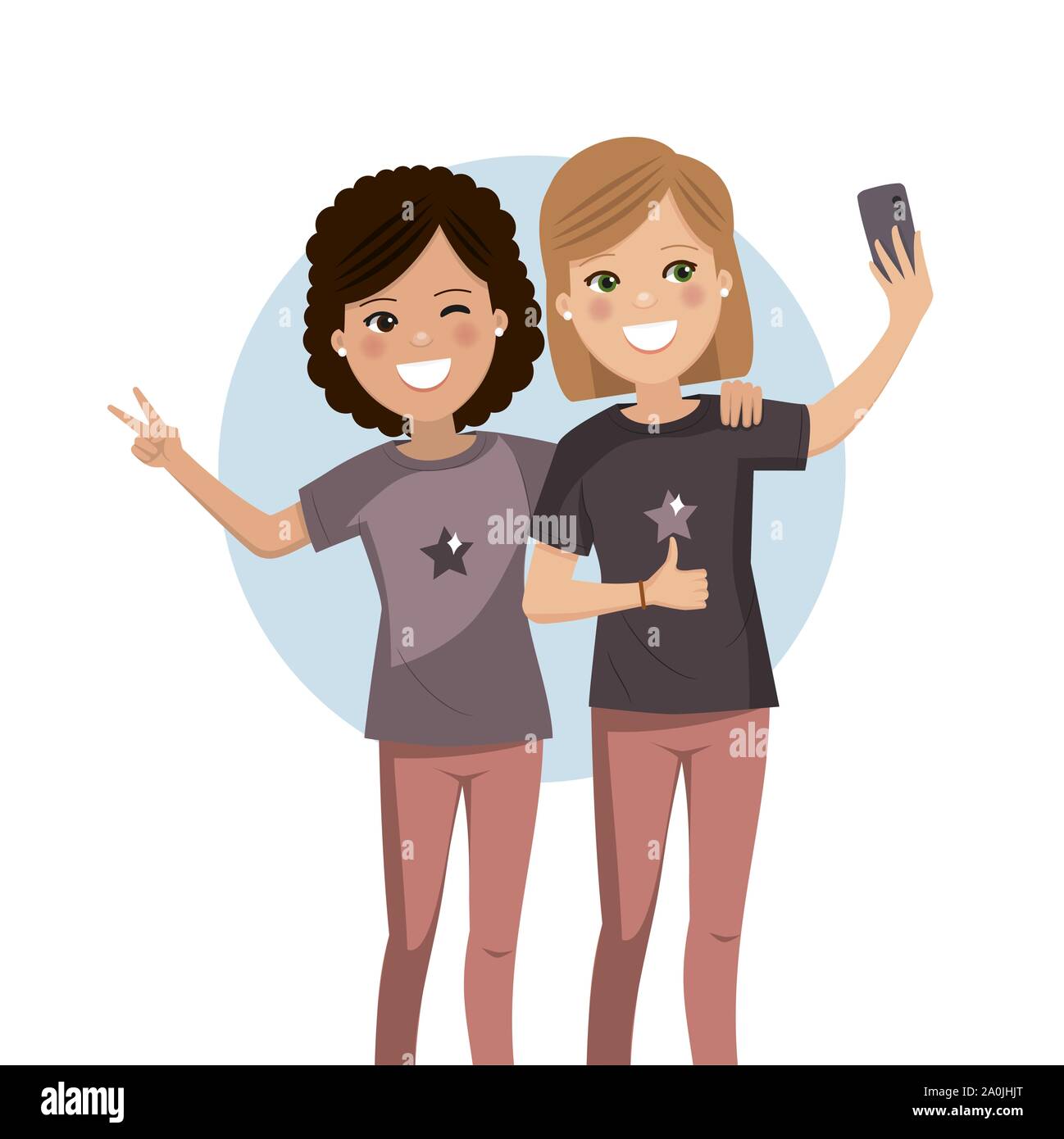 Gerne Freunde ein selfie. Mädchen sind zusammen fotografiert. Isolierte flache Vector Illustration Stock Vektor