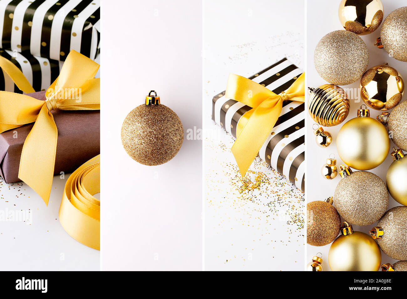 Stilvolle, moderne Weihnachten Collage mit verpackt Geschenke und Geschenke, goldene Schleife und Urlaub Dekoration. Horizontale Ausrichtung Stockfoto