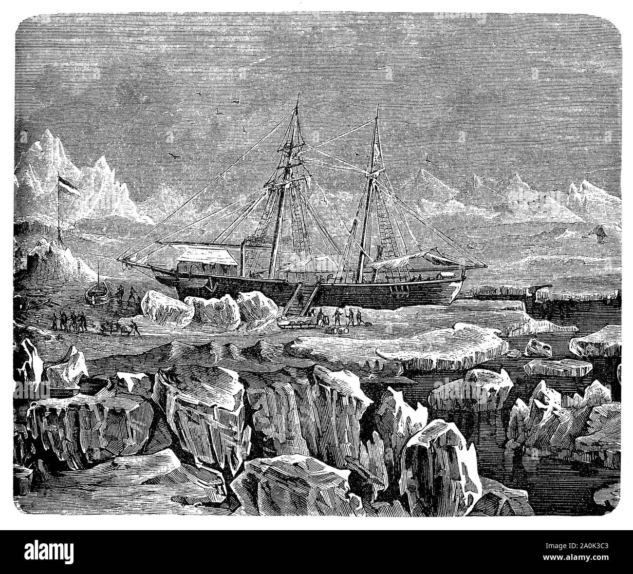 Der Propeller steamboat Germania in der arktischen Region für die deutsche Expedition nach Grönland und der Arktis Meer von 1869-1870, die Entdeckung der Kaiser Franz Joseph Fjord Stockfoto