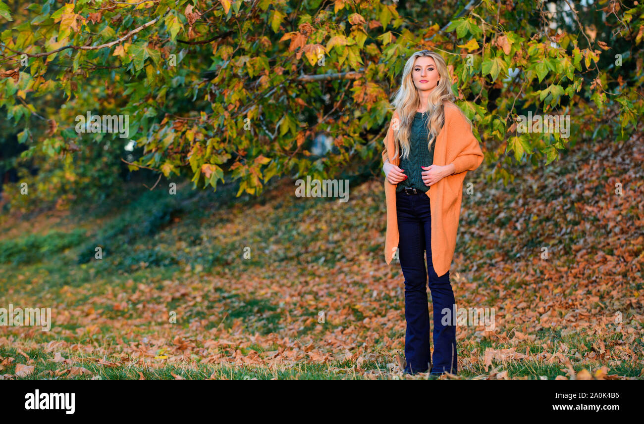 Frau Spaziergang bei Sonnenuntergang. Gemütliche zwanglose Outfits für den Herbst. Gemütlich und komfortabel. Mädchen niedliche Blondine posiert in warmen und gemütlichen Outfit Herbst Natur Hintergrund Defokussierten. Gemütliche outfit Ideen für das Wochenende. Stockfoto