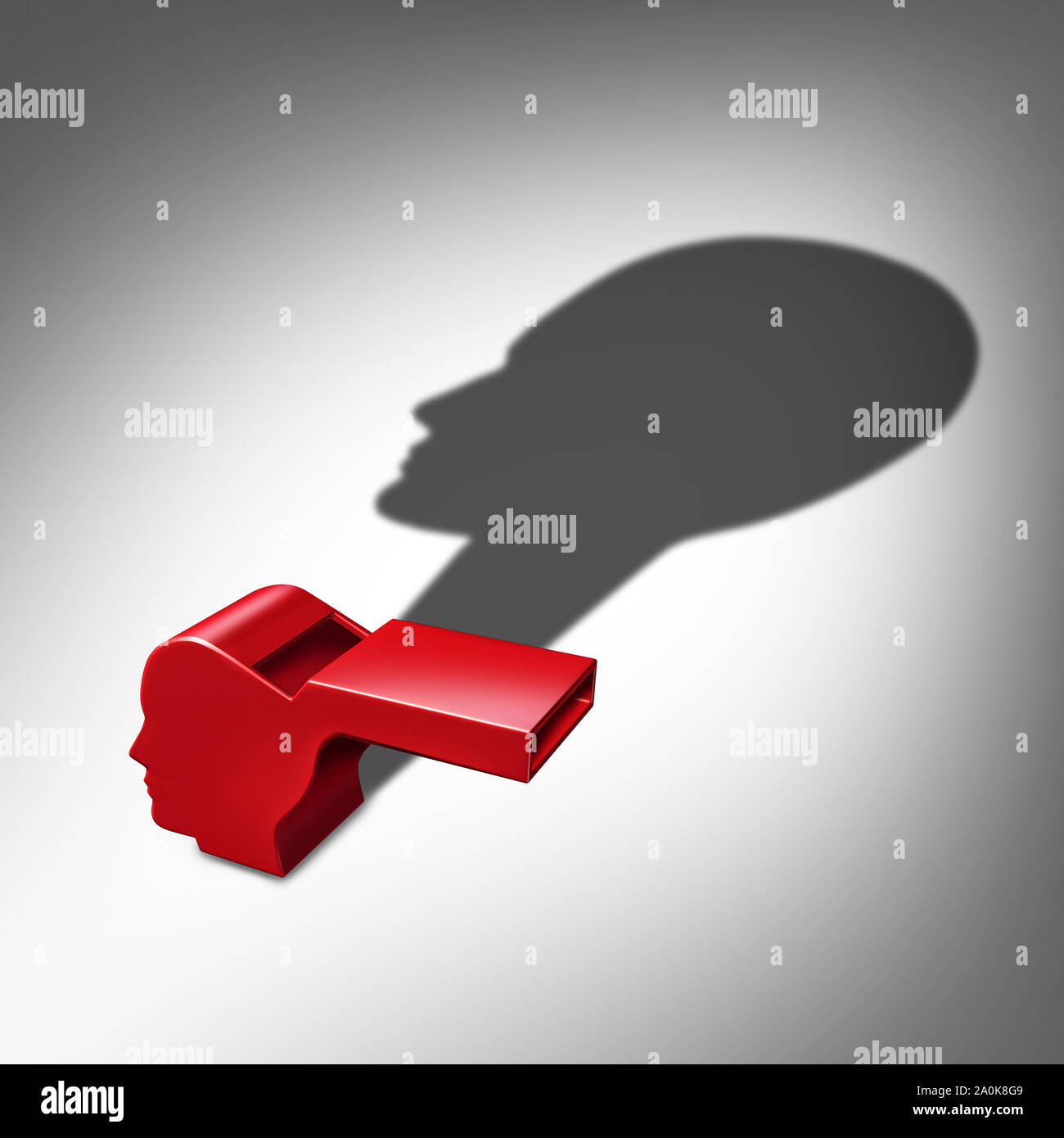 Whistleblower oder whistle blower aussetzen Konzept als ein Symbol für ein geheimer Informant Agenten oder Mitarbeiter mit einem schattenwurf als Metapher. Stockfoto