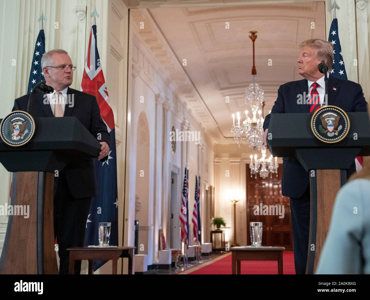 Präsidenten der Vereinigten Staaten Donald J. Trumpf und Premierminister Scott Morrison von Australien eine gemeinsame Pressekonferenz im East Room des Weißen Hauses in Washington, DC am Freitag, September 20, 2019. Credit: MediaPunch Inc/Alamy leben Nachrichten Stockfoto