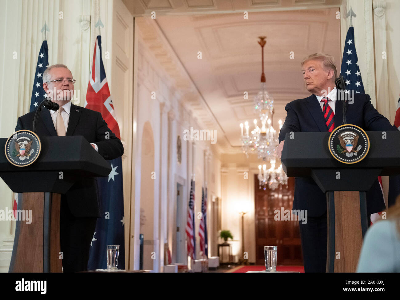 Präsidenten der Vereinigten Staaten Donald J. Trumpf und Premierminister Scott Morrison von Australien eine gemeinsame Pressekonferenz im East Room des Weißen Hauses in Washington, DC am Freitag, September 20, 2019. Credit: MediaPunch Inc/Alamy leben Nachrichten Stockfoto