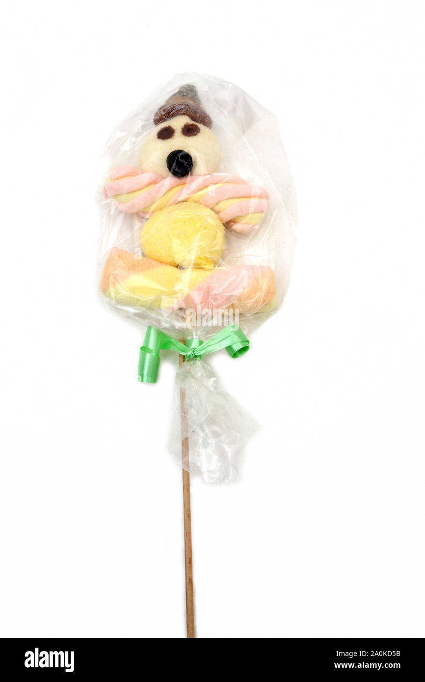 Marshmallow Mann Lollipop mit Gelee Hut und Augen Stockfoto