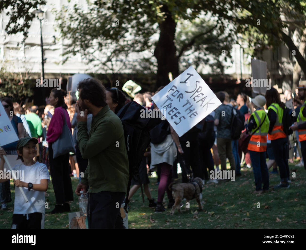 LONDON, Großbritannien - 20 September 2019: Handschriftliche Zeichen liest', die ich für die Bäume", unter die Masse an das globale Klima Streik in London sprechen Stockfoto