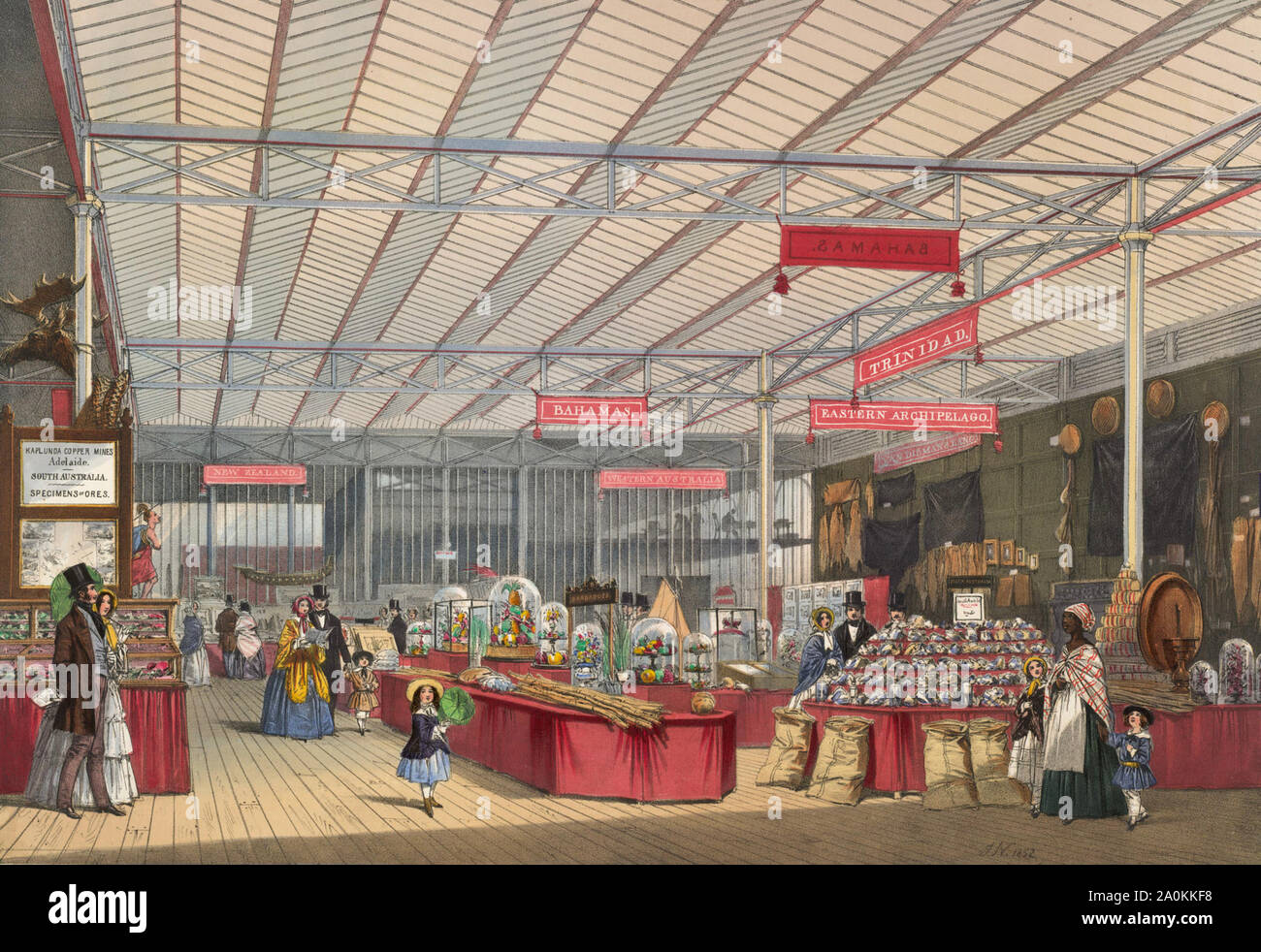 Große Ausstellung 1851 im Crystal Palace im Hyde Park, London. Teil der Kolonialen Abschnitt produzieren. Stockfoto