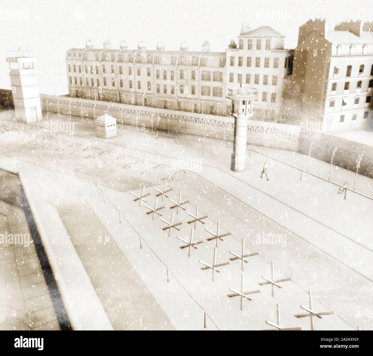 Die Berliner Mauer war ein bewachter konkrete Sperre, die physisch Berlin von 1961 bis 1989 unterteilt. Wachtürme und militarisierte Zone Stockfoto