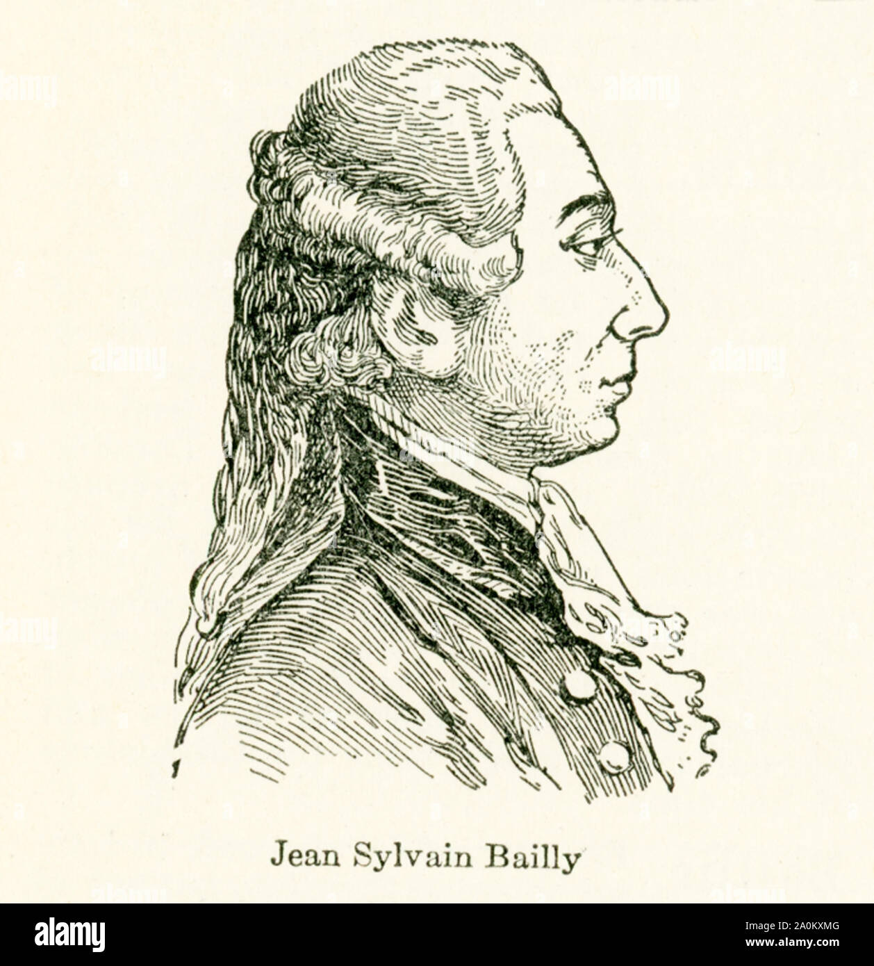 Diese Abbildung von Jean Sylvain Bailly (1736-1793) stammt aus den frühen 1920er Jahren. Jean Sylvain Bailly war ein französischer Astronom, Mathematiker, Freimaurer, und politische Führer der frühen Teil der Französischen Revolution. Er präsidiert die Tennis Court Oath, diente als der Bürgermeister von Paris von 1789 bis 1791, und wurde schließlich während der Herrschaft des Terrors durch die Guillotine hingerichtet. Stockfoto