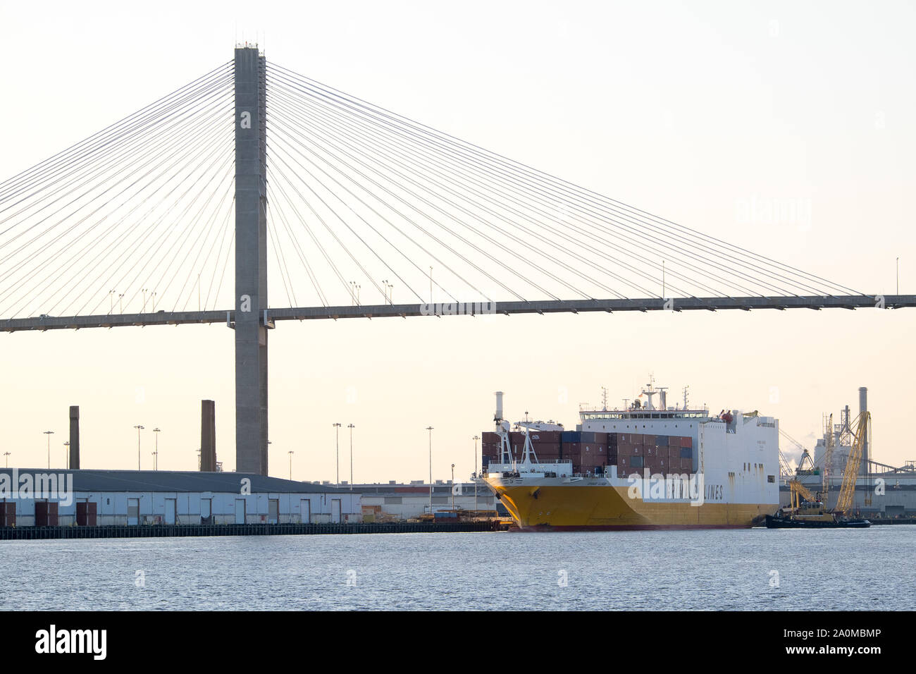 Ein Frachtschiff der Grimaldi Lines legt im Hafen von Savannah unter den hochragenden Seilen der Talmadge Bridge in Savannah, Georgia, an. Stockfoto