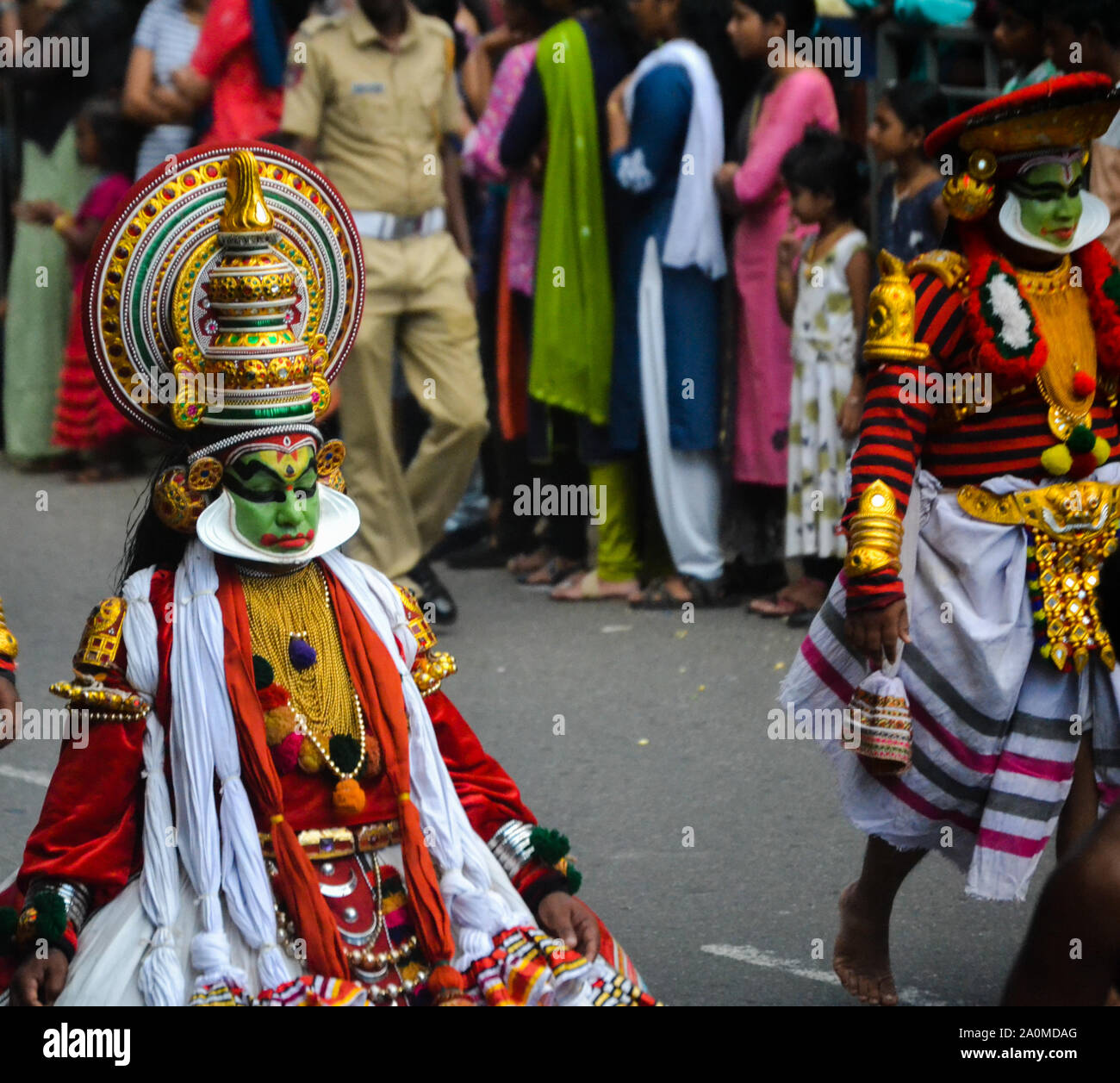 Kathakali Künstler in Onam Prozession, Kerala, Indien Stockfoto