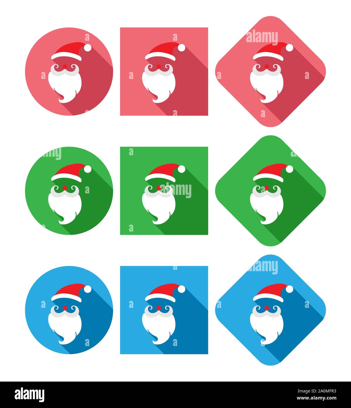 Santa Claus Icon Set, einfache flache Design. Lange Schatten Stock Vektor