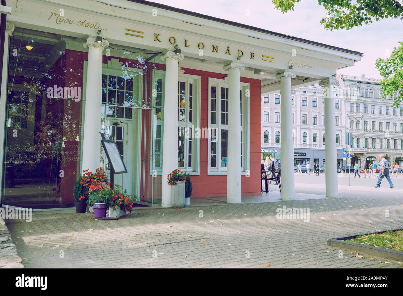 Stadt Riga, der Lettischen Republik. Altes Gebäude mit interessanten Verzierungen. 2019. 18. Aug. Stockfoto