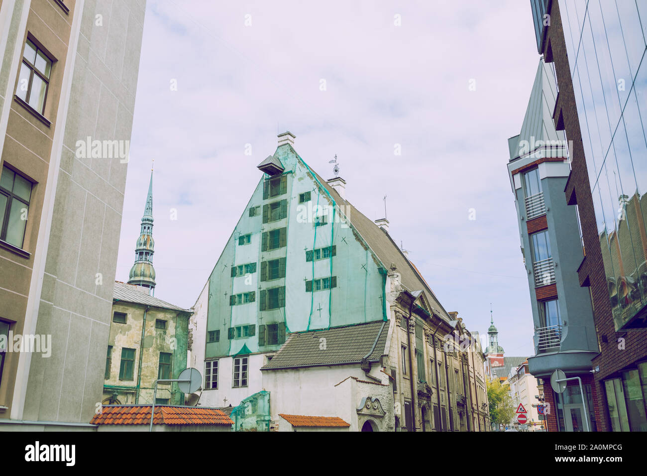 Stadt Riga, der Lettischen Republik. Altes Gebäude mit interessanten Verzierungen. 2019. 18. Aug. Stockfoto