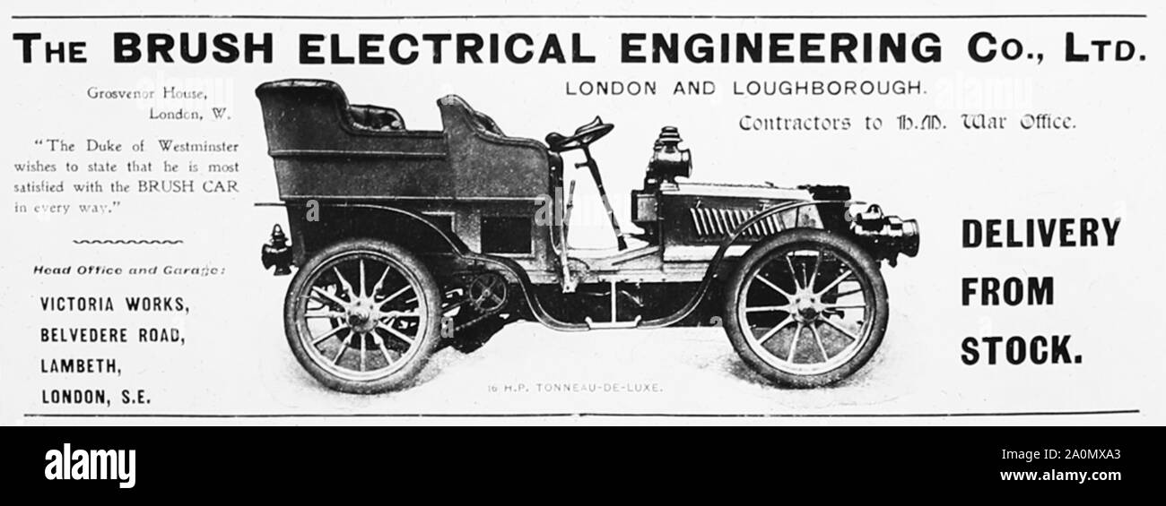Bürste Elektrotechnik Veteran Car Werbung, 1900 Stockfoto
