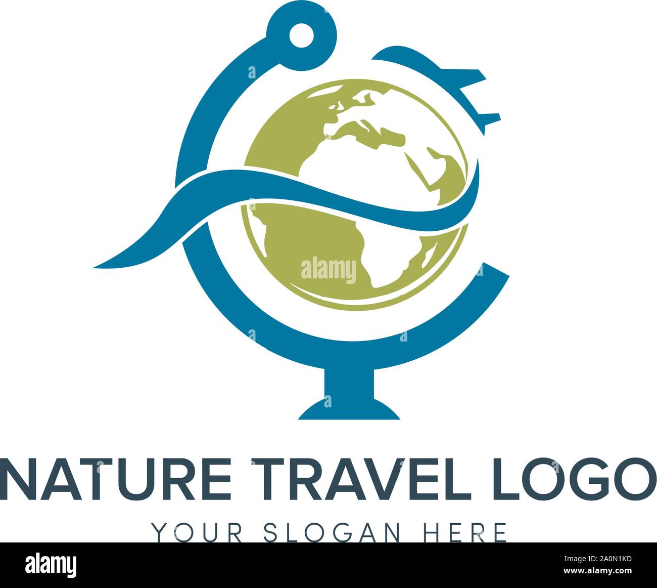 Natur Reise und Warenkorb Logo Design grüne Welt und Flugzeug Logo Stock Vektor