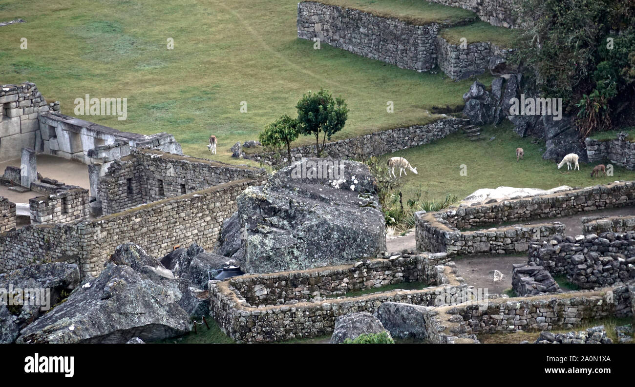 Machu Picchu ist ein Inka Zitadelle hoch in den Anden in Peru, über dem Fluss Urubamba Tal. Im 15. Jahrhundert erbaut und später aufgegeben, es ist für seine elegante Trockenmauern, dass Sicherung riesige Blöcke ohne die Verwendung von Mörtel, faszinierende Gebäude, die auf astronomische Ausrichtungen und Panoramablick spielen bekannt. Seine genaue ehemalige Nutzung bleibt ein Geheimnis. Es steht 7,970 Fuß (2.430 Meter) über dem Meeresspiegel am Osthang der Anden Stockfoto