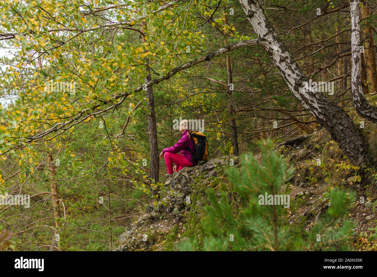 Junge Frau Wanderer sitzt auf einer Klippe unter den Herbst Bergwald Stockfoto