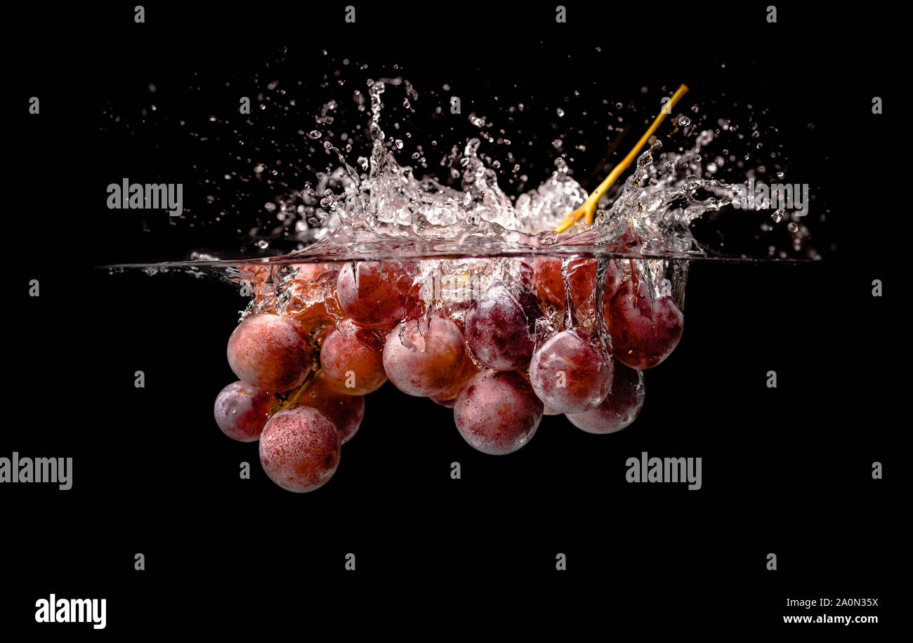 Isolierten roten Trauben plantschen und versinkt im Wasser auf schwarzem Hintergrund Stockfoto