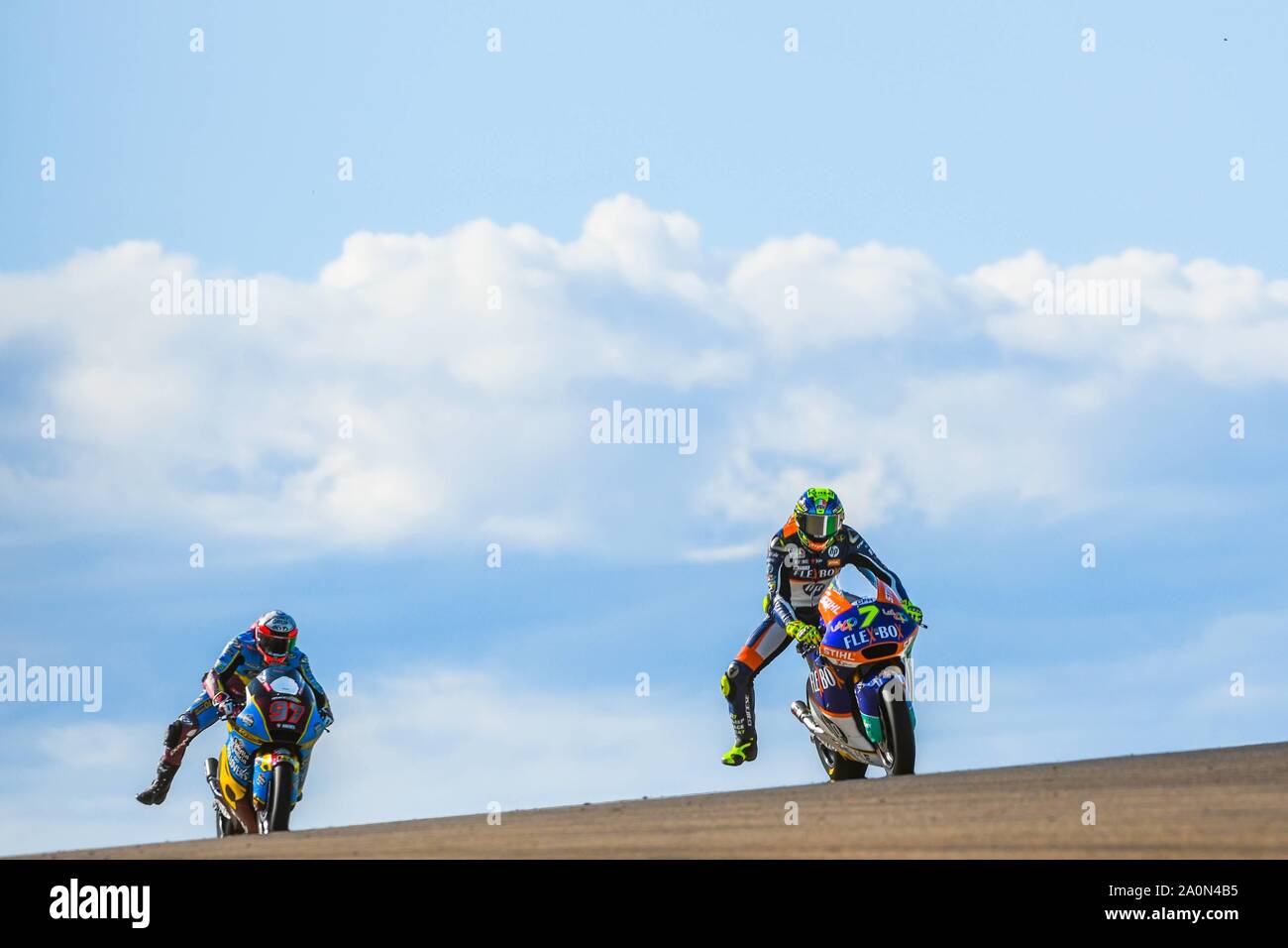 Alcaniz, Spanien. 21. Sep 2019. LORENZO BALDASSARRI (7) von Italien und der Flex-box HP 40 und XAVI VIERGE (97) von Spanien und EG 0, 0 Marc VDS während der Moto2 Freies Training 3 von theAragon Grand Prix im Motorland Aragon Rennbahn in Alcañiz, Spanien am 21. September 2019 (Foto: Alvaro Sanchez) Credit: CORDON PRESSE/Alamy leben Nachrichten Stockfoto