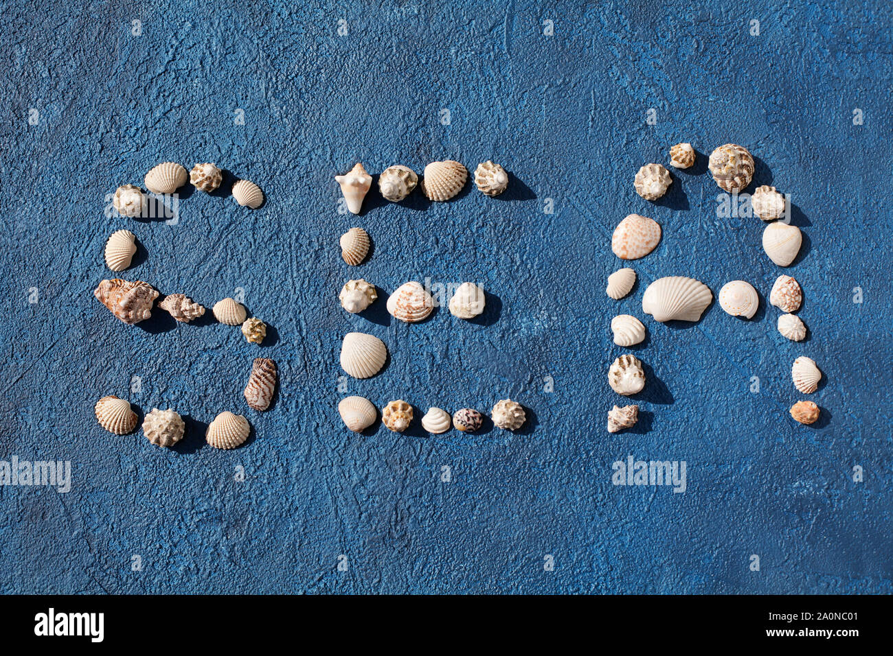 Wort Meer aus Muscheln auf blauem Hintergrund Top View close up, Sommer Urlaub Meer Strand Urlaub Konzept, Design, Briefe der Tanks flach zu legen Stockfoto