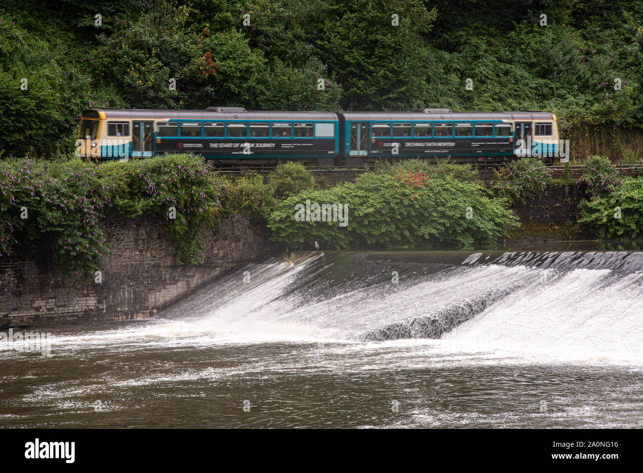 Cardiff, Wales, UK - 19. Juli 2019: A2 - auto Pacer Personenzug verläuft an den grünen Ufern des Flusses Taff in Radyr Wehr in den Vororten von Cardiff Stockfoto