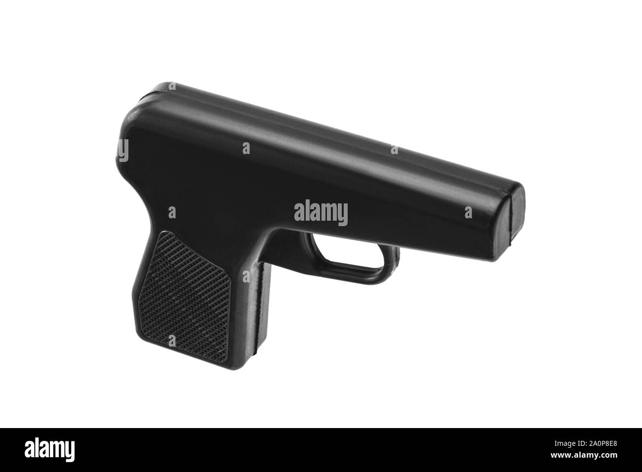 Gummi schwarz dummy Pistole isolieren auf einem weißen Hintergrund. Dummy Waffen für die Ausbildung in Selbstverteidigung. Gefälschte Gewehre aus Gummi für die Ausbildung von polizeiaufgebot Stockfoto
