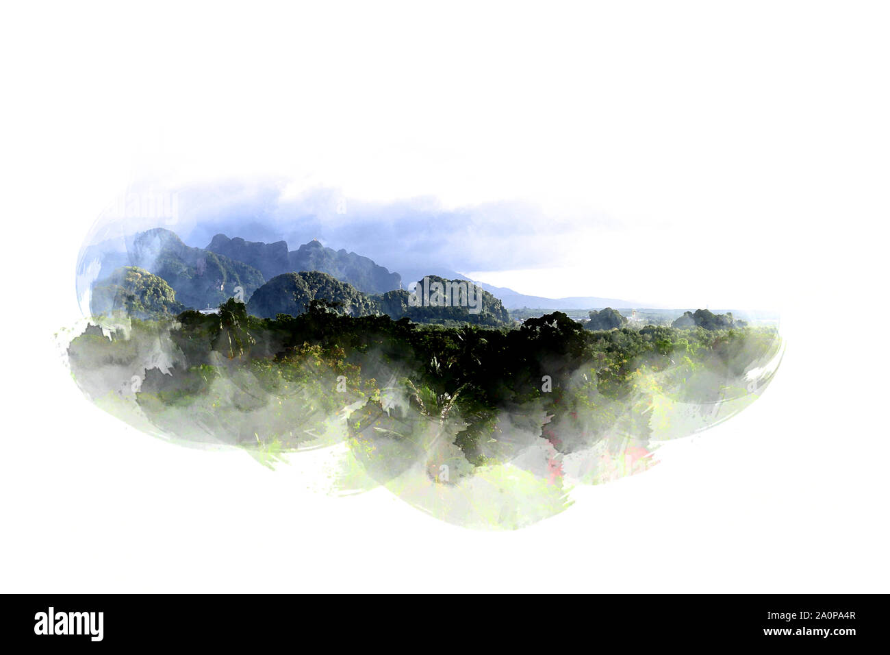 Abstrakte bunte Berge und baum landschaft auf Aquarell illustration Malerei Hintergrund. Stockfoto