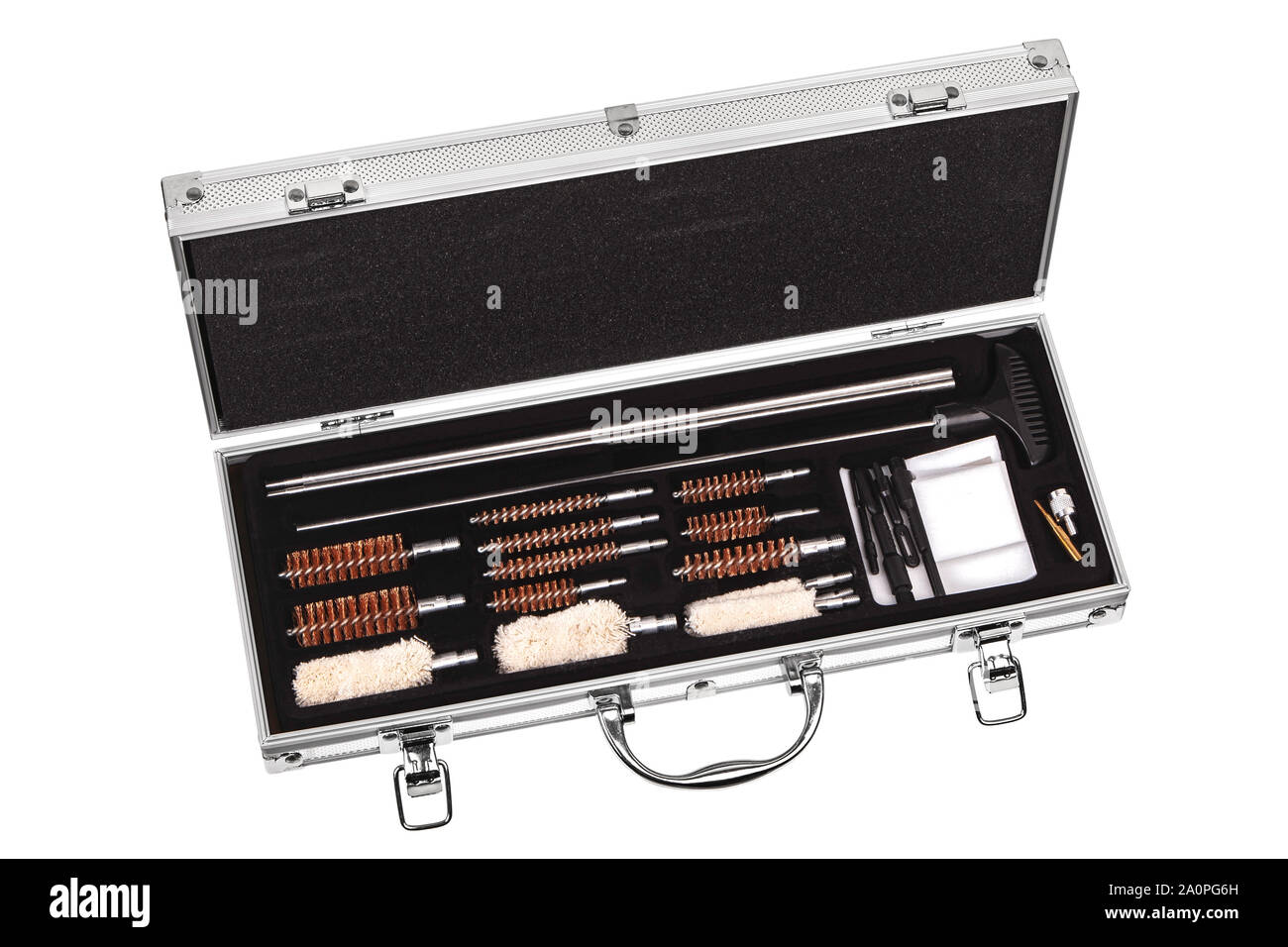 Set für die Reinigung von Waffen in einem Metallgehäuse isoliert auf einem weißen Hintergrund. Waffe care Tools. Luxus Geschenk Set. Stockfoto