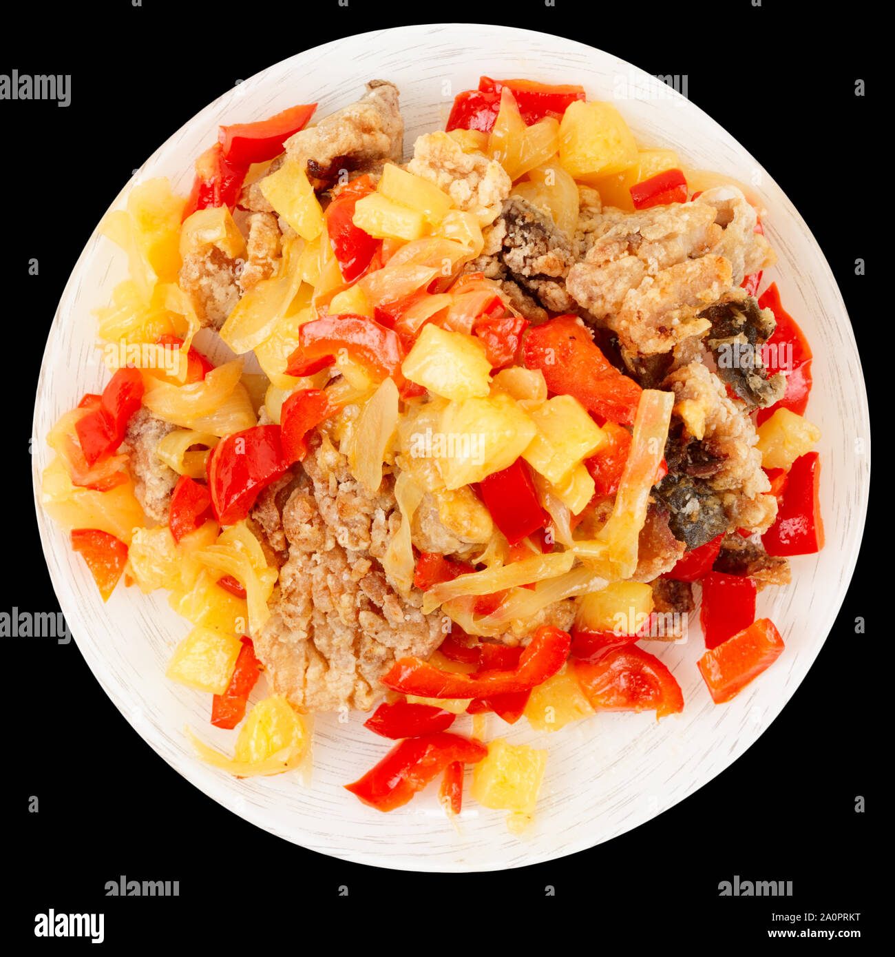 Frittierte Karpfen in süß-saurer Sauce, chinesischen Stil Teller, isoliert auf Schwarz Stockfoto