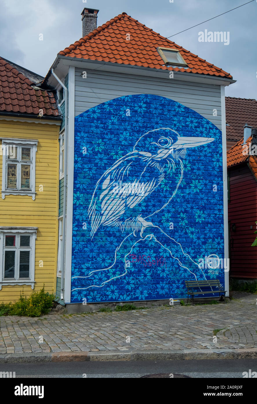 Erstaunliche Graffiti eines detailreichen Vogels an der Seite eines Hauses in Bergen, Norwegen Stockfoto