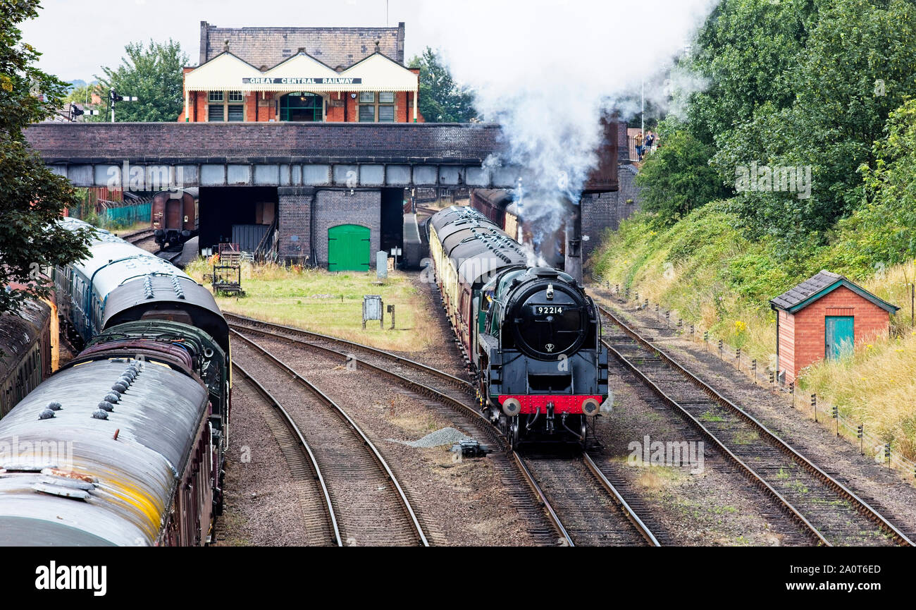 92214 'Leicester City', eine BR-Standard Klasse 9 f Dampflok, Loughborough Station auf der Great Central Railway, Leicestershire, England, U Stockfoto
