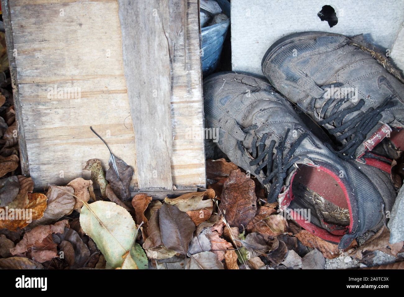 In der Nähe von ein paar der alten Männer Schuhe auf dem Boden liegend auf Laub, selektiven Fokus Stockfoto