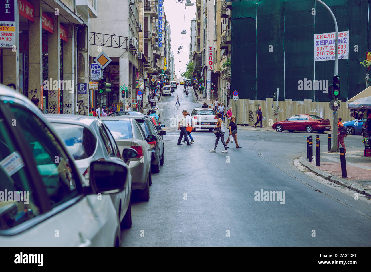 Stadt Athen, Griechische Republik. Stadt leben auf der Straße mit Autos und Völker. 11. 19.09.2019. Reisen Foto. Stockfoto