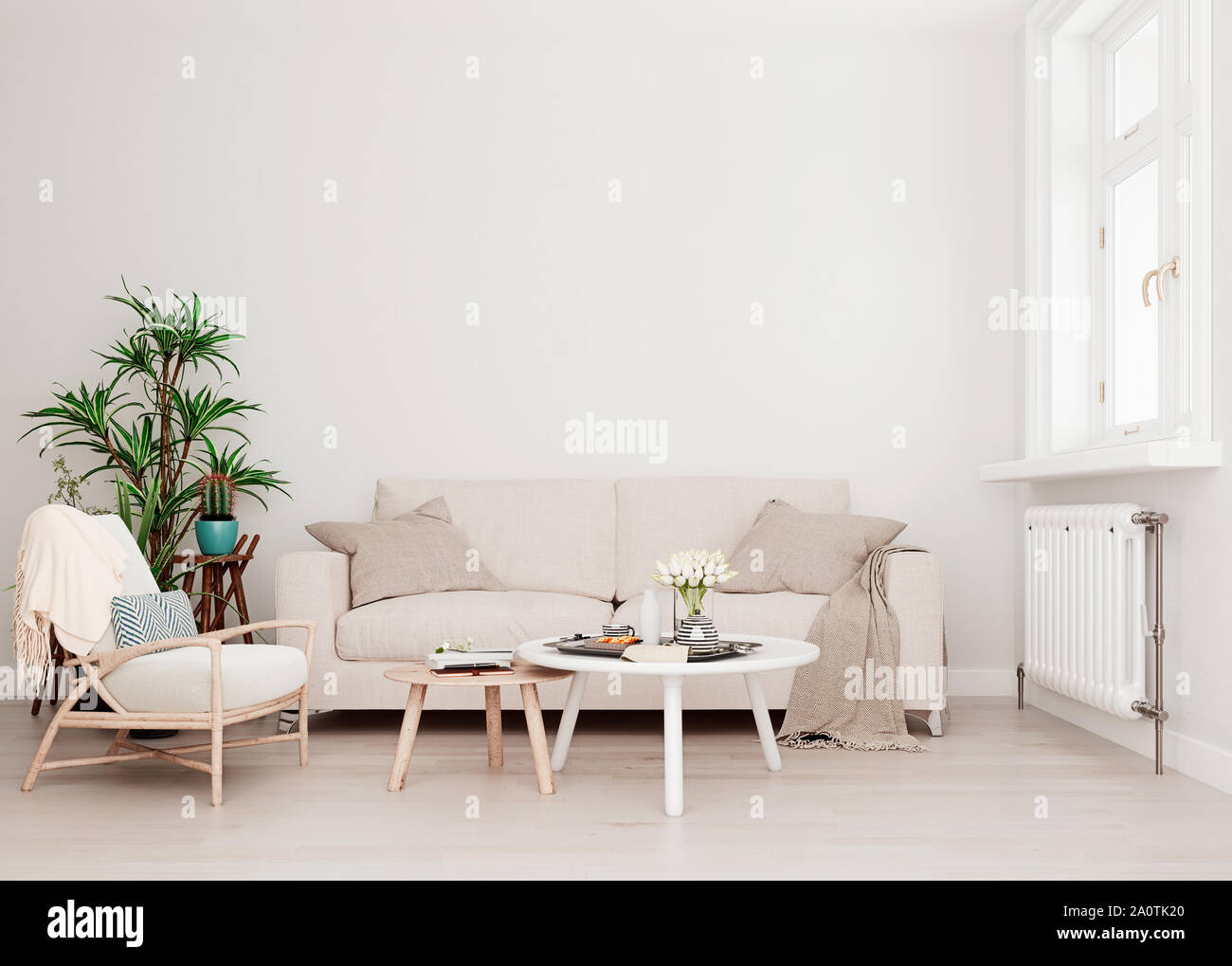 Mock up Wand mit beige weiß Sofa, zwei Tische, ein Stuhl in der modernen Interieur Hintergrund, Wohnzimmer mit großem Fenster und ein kühler, skandinavischen Styl Stockfoto
