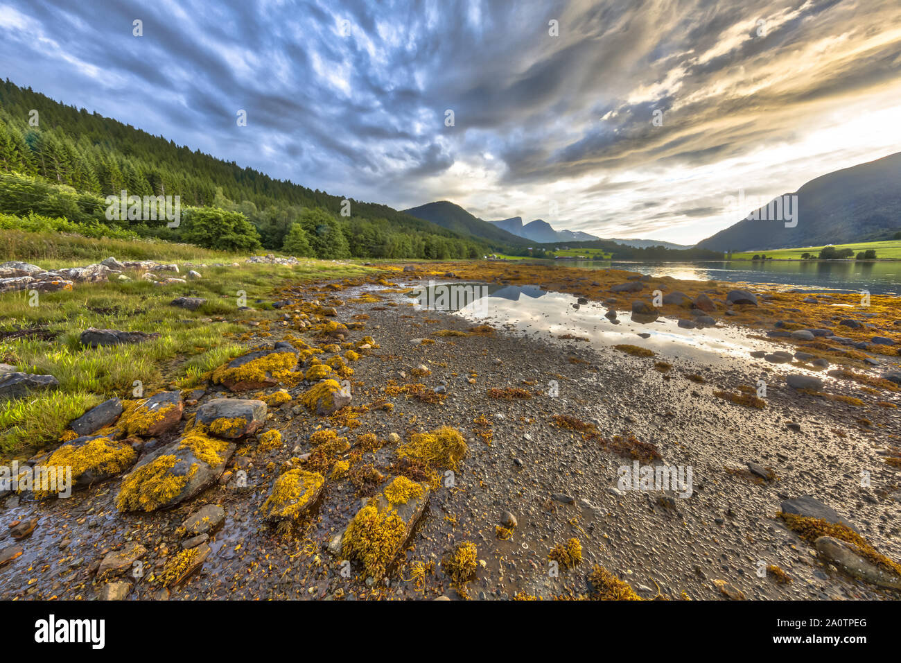 Fjord Landschaft mit Bergen im Hintergrund. Gezeitenzone mit Felsen und Steine bei Ebbe auf Eidsbygda Halbinsel Norwegen Stockfoto