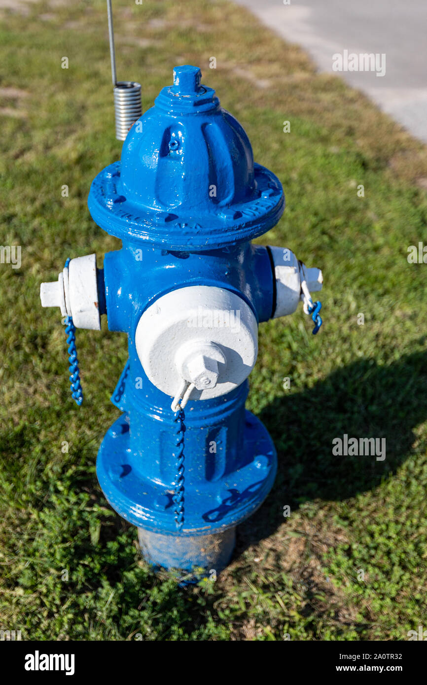 Bunte Blau und Weiß Hydrant für die Versorgung mit hohem Volumen von Wasser verwendet Stockfoto